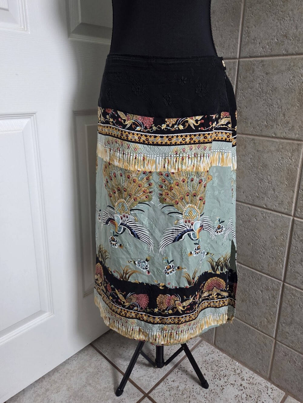 Citron Santa Monica 100% Silk Boho Peacock Print Midi Skirt W/ Slits Artsy Med.